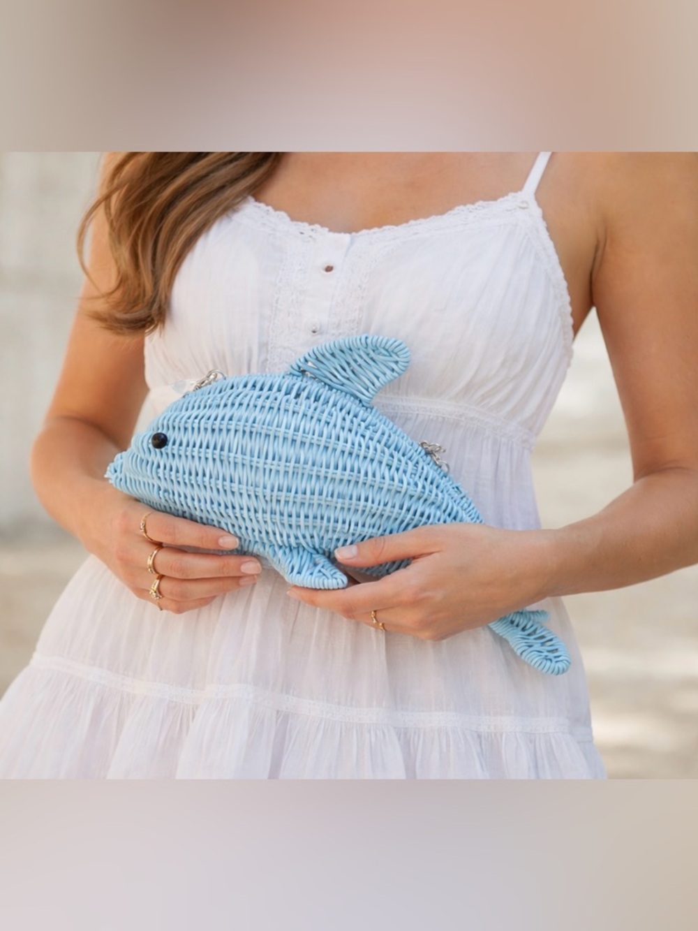 Tommy Bahama Blue Dolphin Wicker Bag NWT Coastal Beach Novelty